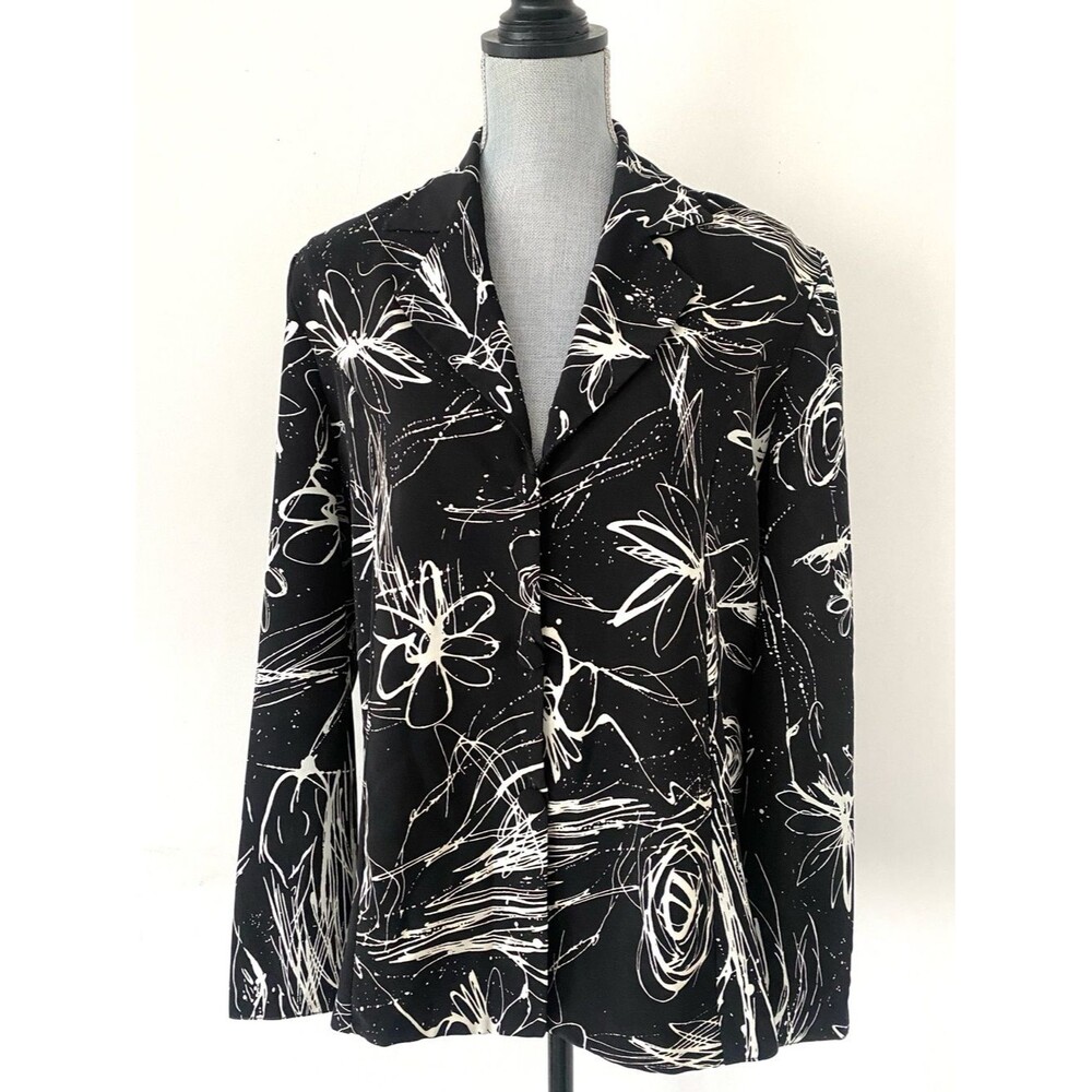 Vintage 90s Black / White Floral-Print Blouse Women Sz 42 (US 10-12)